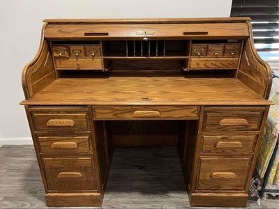 Oak Crest Solid Oak Roll Top Desk with Storage Drawers & Cubbies