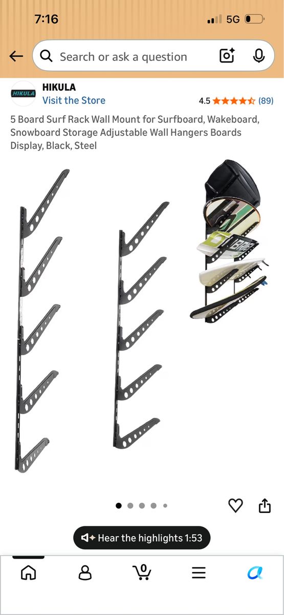 HIKULA 5 Board Surf/Wake/Snowboard Wall Rack Adjustable Steel Storage Hangers Black NEW