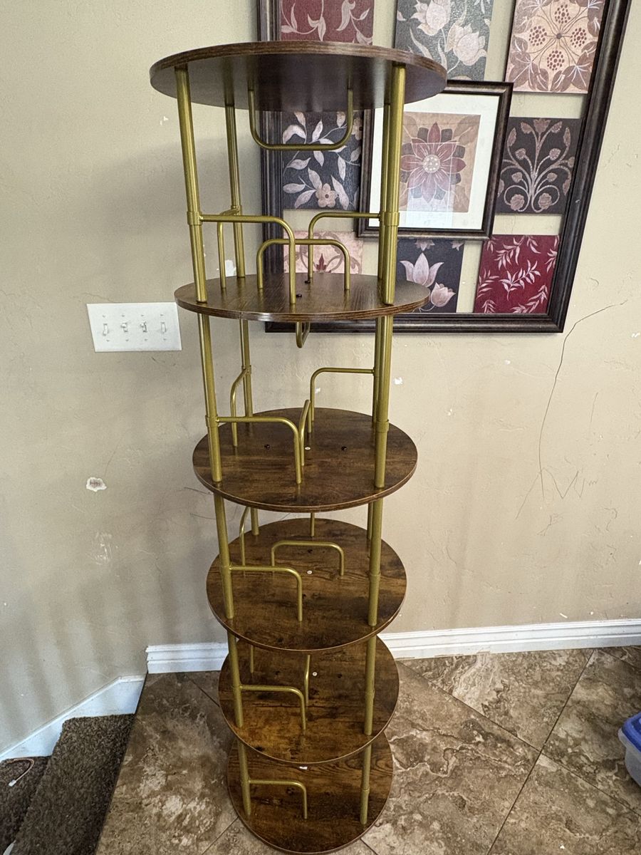 6-Tier Wooden Revolving Bookcase Tower with Gold Metal Frame