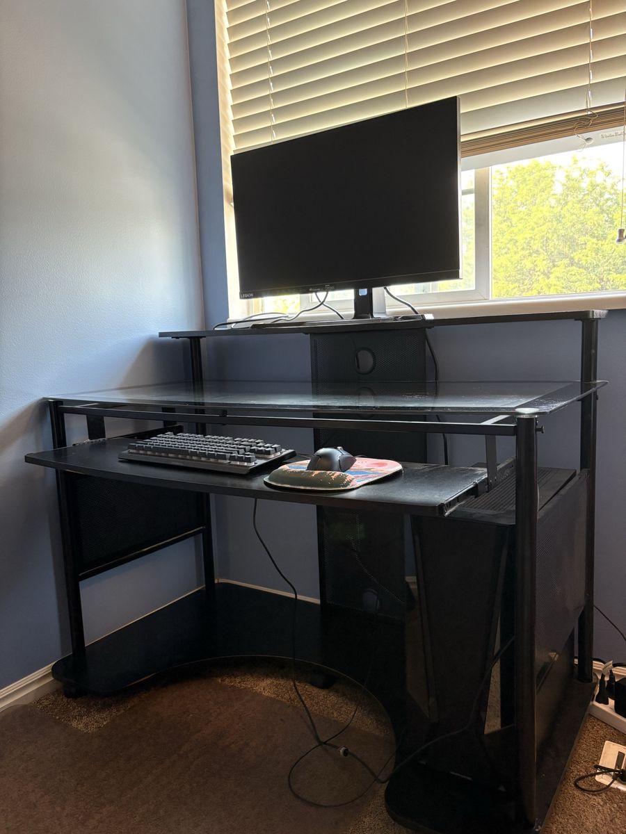 Glass Top Gaming Desk with Keyboard Tray and Monitor Shelf