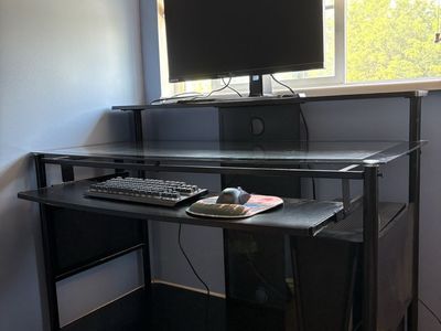 Glass Top Gaming Desk with Keyboard Tray and Monitor Shelf