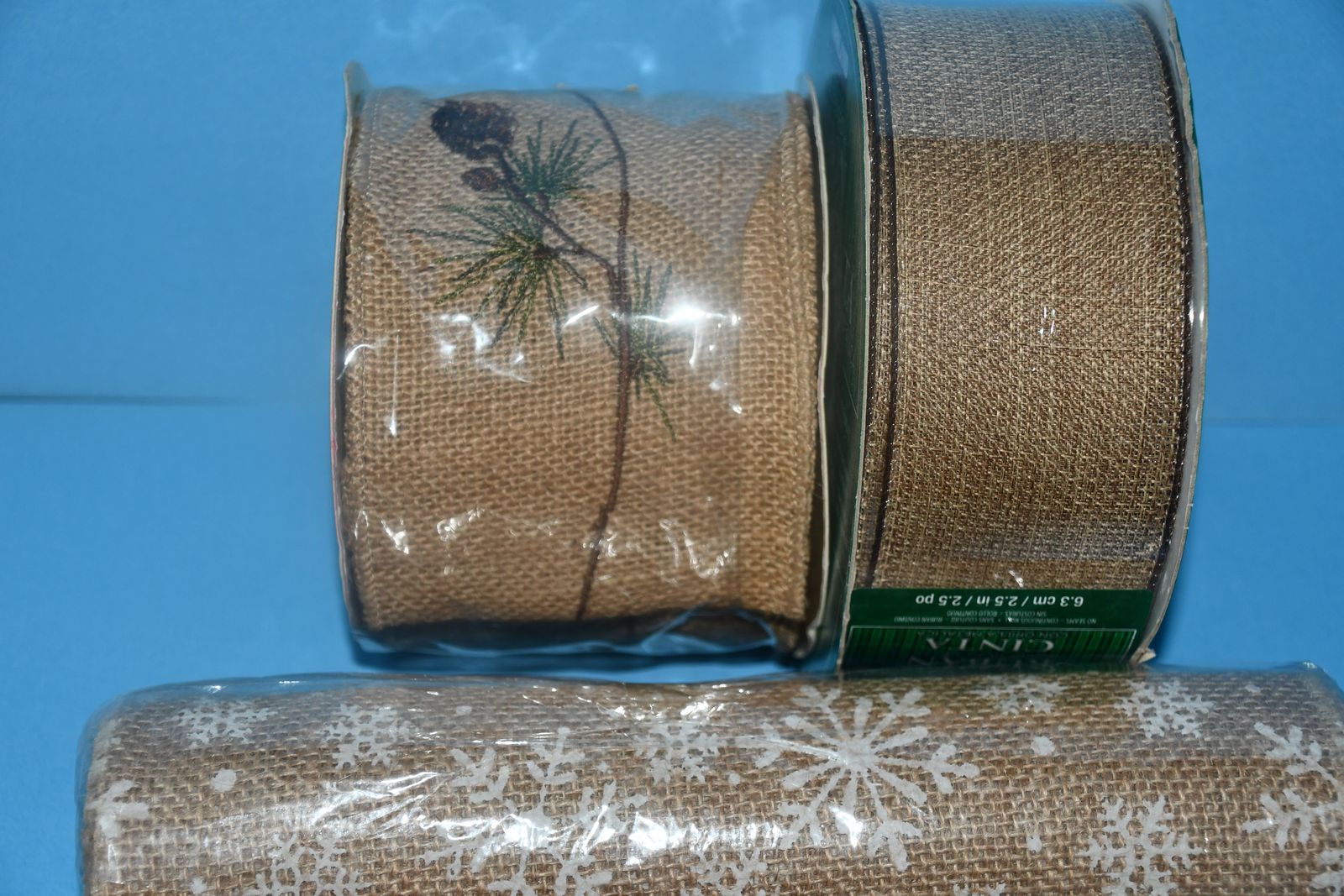 3 NEW ROLLS of BURLAP RIBBON ~ EMBROIDERED PINECONES ($67.95), WIRE EDGE & SNOWFLAKES ~ FALL, CHRISTMAS, WINTER