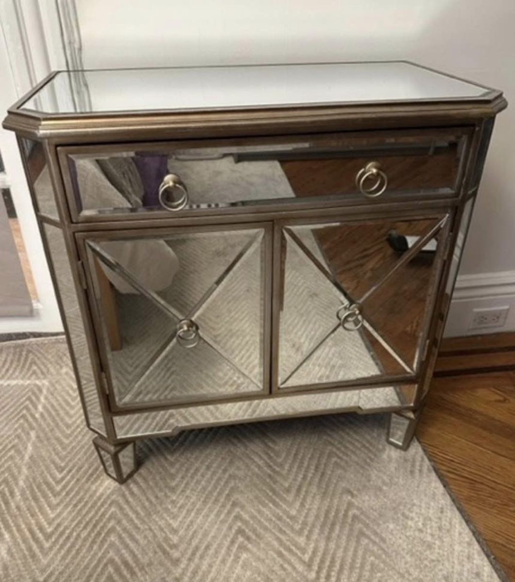 Z Gallerie Mirrored Nightstand/End Table - Gold Accents, Single Drawer & Double Doors