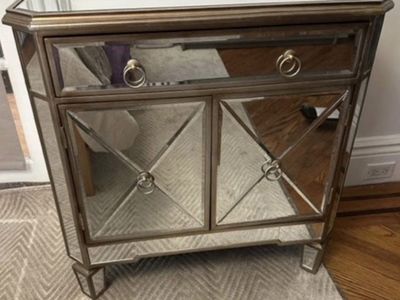 Z Gallerie Mirrored Nightstand/End Table - Gold Accents, Single Drawer & Double Doors