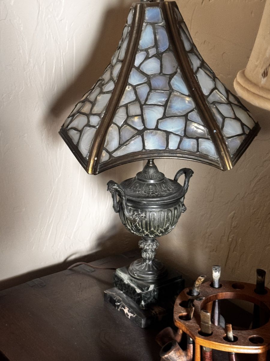Vintage Tiffany-Style Slag Glass Mosaic Table Lamp with Ornate Metal Urn Base