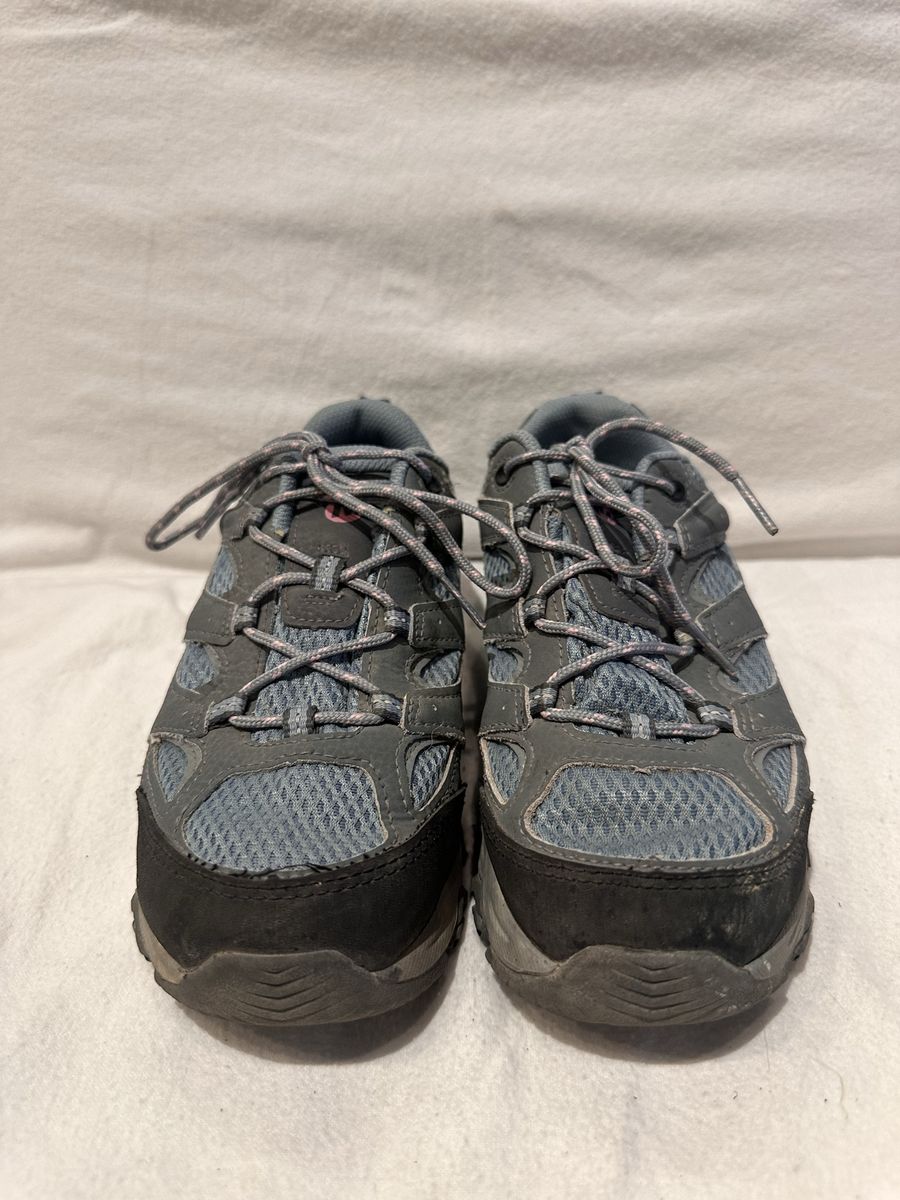 Merrell youth size 3.5w blue and gray with pink accents, waterproof hiking shoes