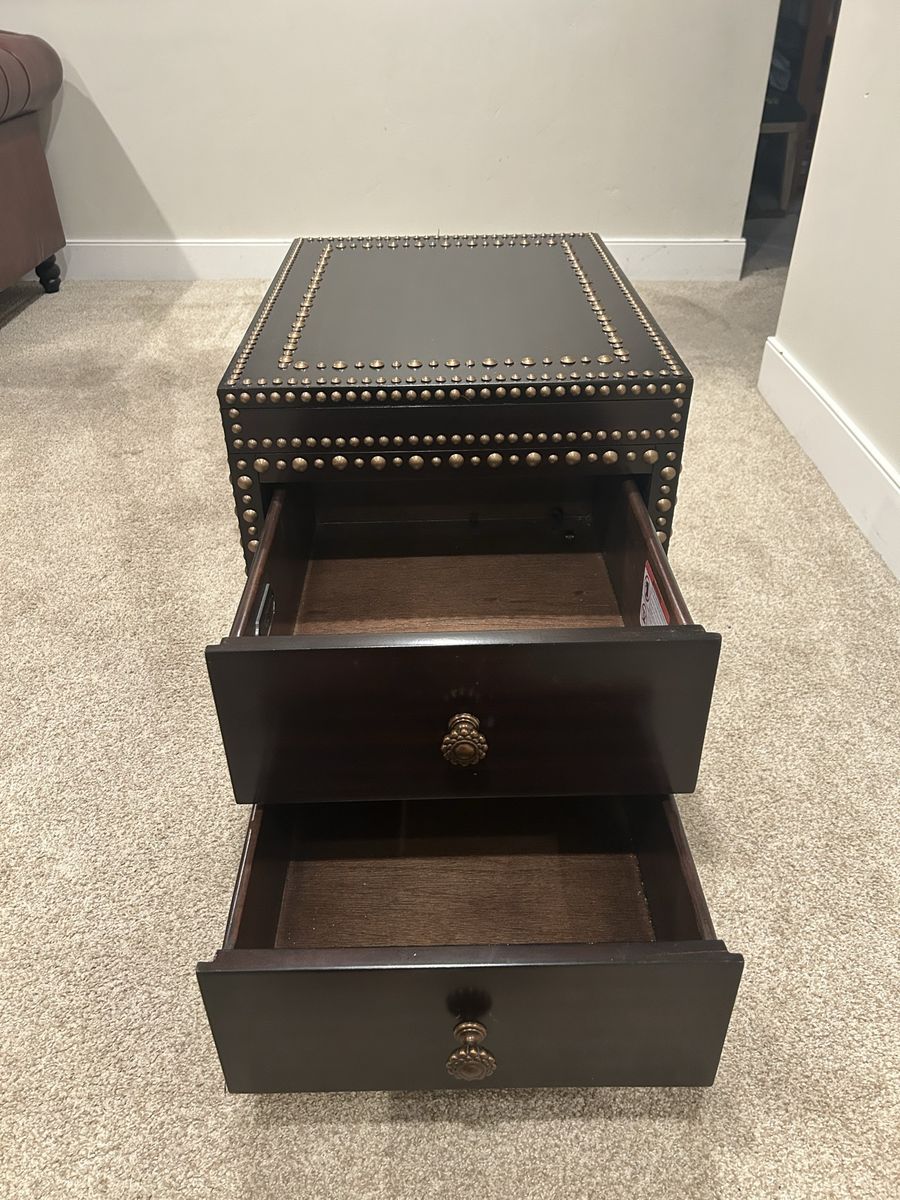 Dark Wood Accent Cabinet End Table with Nailhead Trim and Drawers