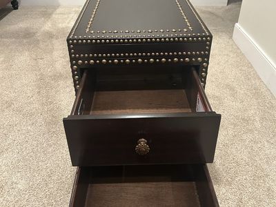 Dark Wood Accent Cabinet End Table with Nailhead Trim and Drawers