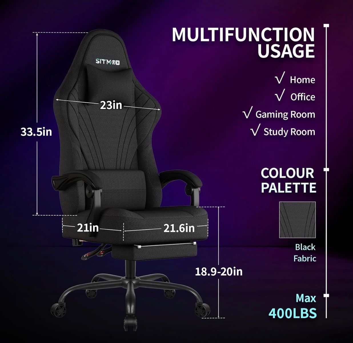 High Back Gaming Chair, Black Fabric, Adjustable Swivel Chair with Footrest
