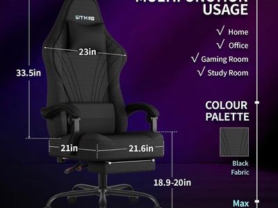 High Back Gaming Chair, Black Fabric, Adjustable Swivel Chair with Footrest