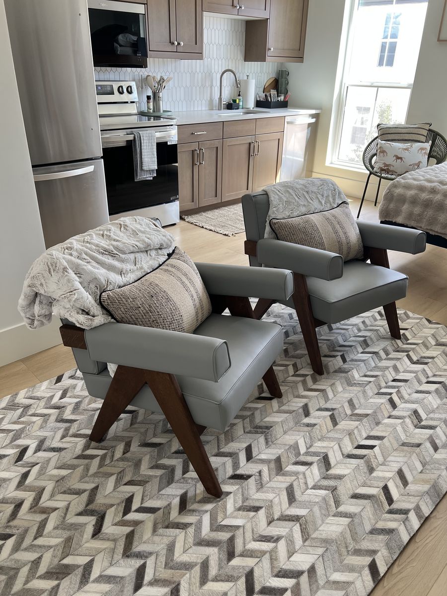Nice high-end chairs - gray/blue leather & wood. 