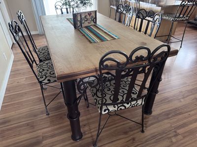 Rustic Wood & Wrought Iron Dining Table with 6 Scroll-Back Chairs and 4 Counter Height Bar Stools - Hacienda Style Set