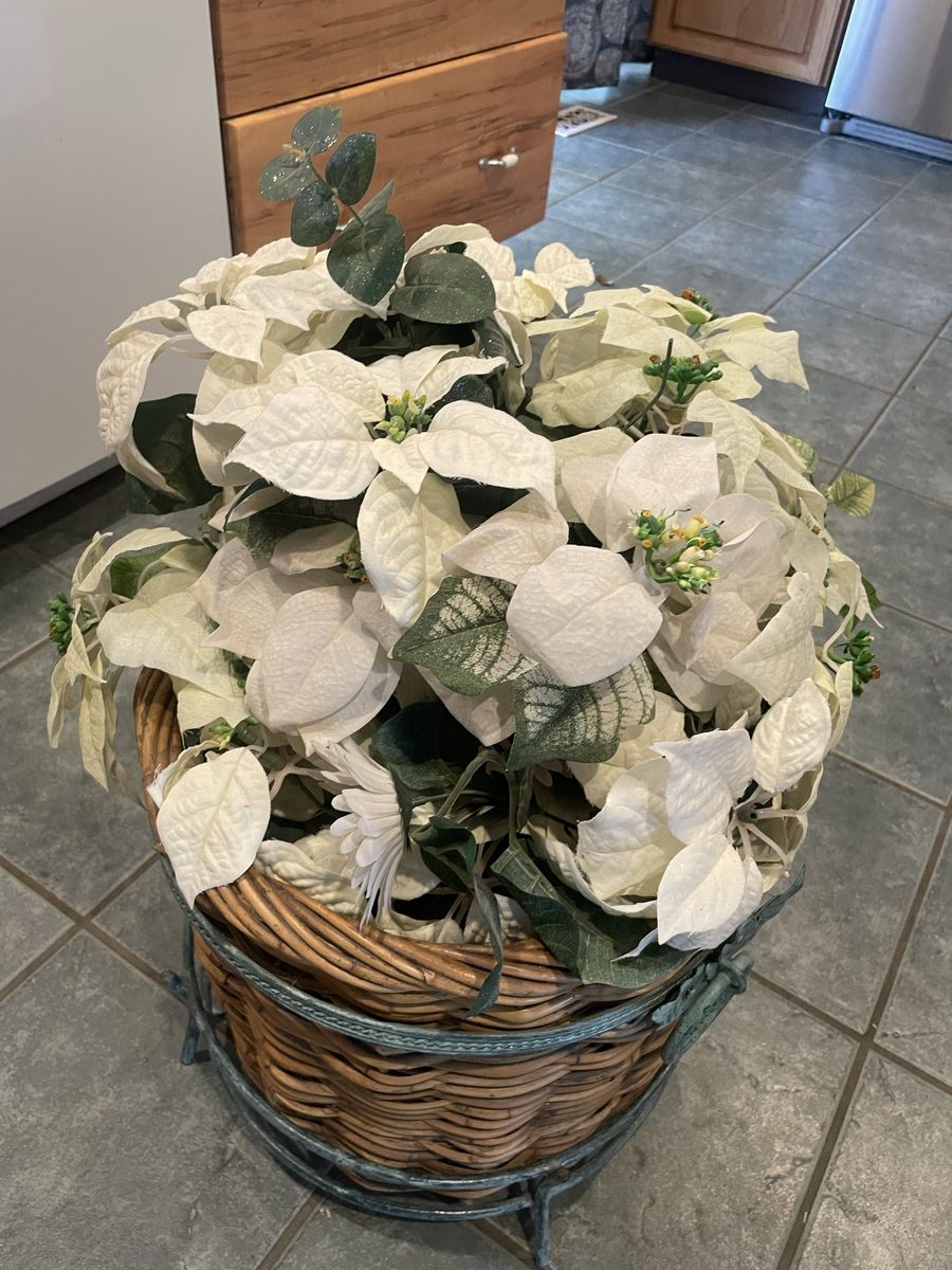 Artificial White Poinsettia Arrangement in Wicker Basket