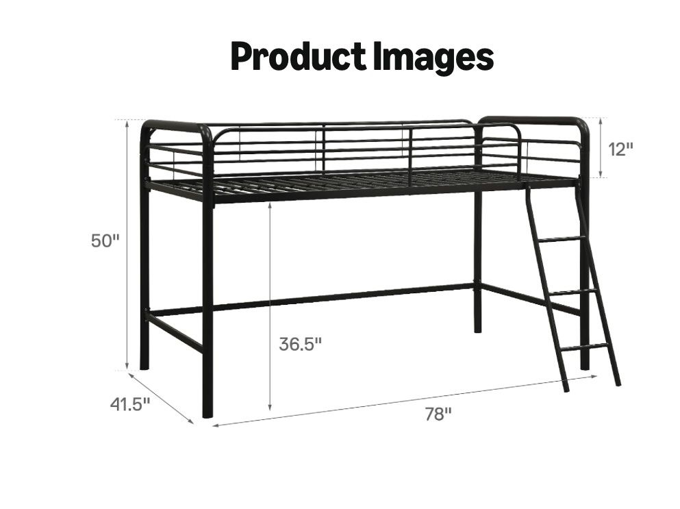 Black Metal Twin Loft Bed Frame with Built-in Ladder and Safety Rails