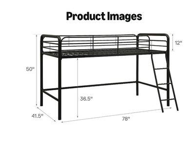 Black Metal Twin Loft Bed Frame with Built-in Ladder and Safety Rails
