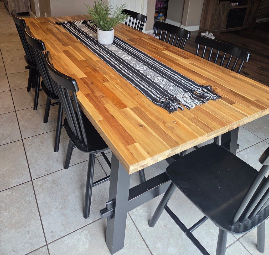 Dining Table Set - Acacia Wood Top & Black Base with 7 Black Chairs