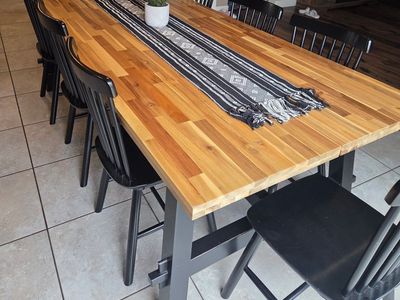 Dining Table Set - Acacia Wood Top & Black Base with 7 Black Chairs