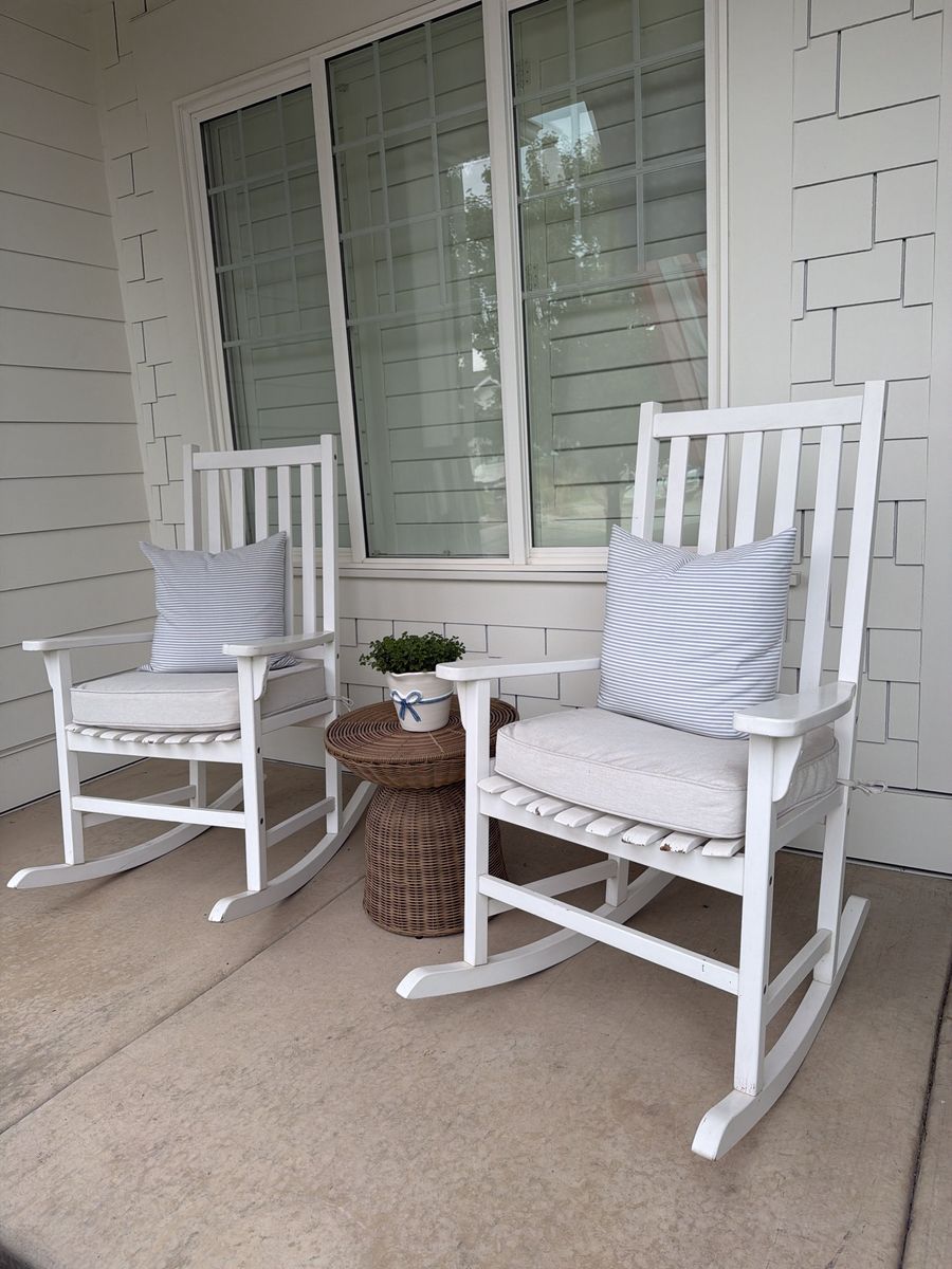 White Wooden Porch Rocking Chairs (2) with Cushions - Outdoor/Indoor Furniture