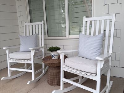 White Wooden Porch Rocking Chairs (2) with Cushions - Outdoor/Indoor Furniture