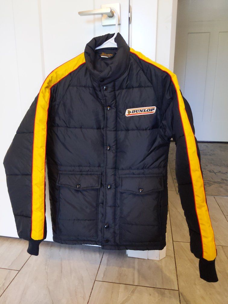 Vintage 70s to 80s Dunlop Puffer Jacket Small Black/Yellow w/Red Racing Stripe RN 32628 Padded Coat