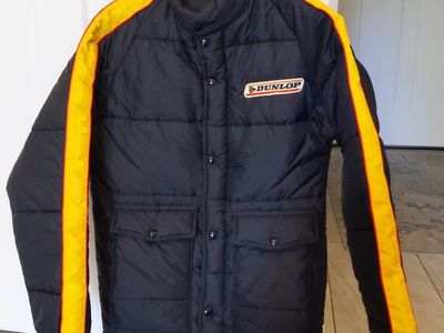 Vintage 70s to 80s Dunlop Puffer Jacket Small Black/Yellow w/Red Racing Stripe RN 32628 Padded Coat