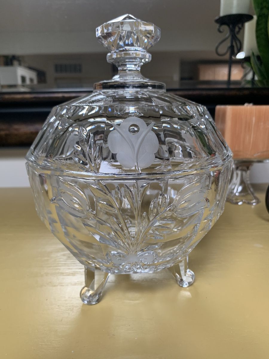 Glass Candy Dish And Lid With Floral Design