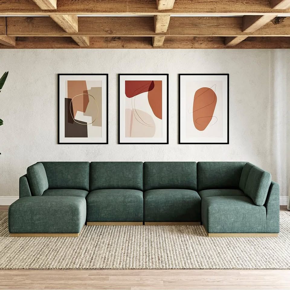 HENREDON GREEN 6-PIECE MODULAR SECTIONAL WITH OTTOMAN