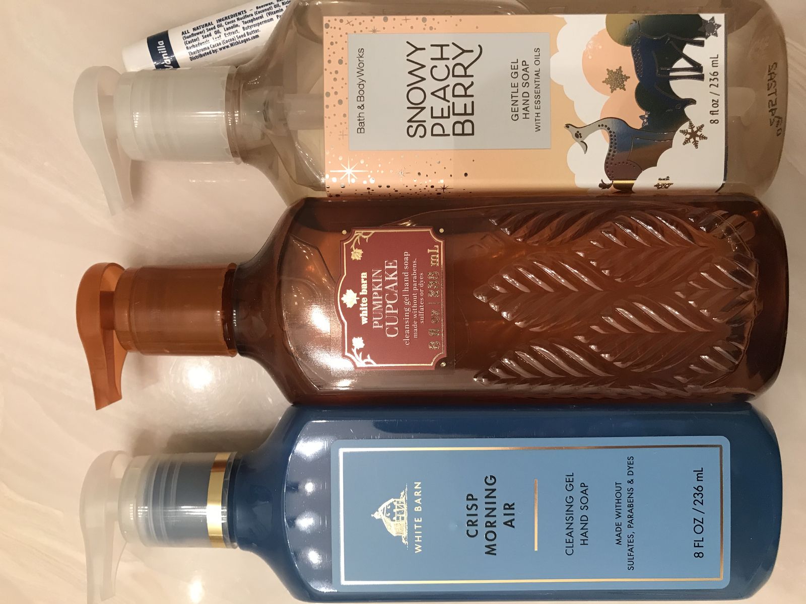 4 Bath & Body Works Gel Hand Soap Crisp Morning Air Snowy Peach discontinued Berry Pumpkin Cupcake lip balm