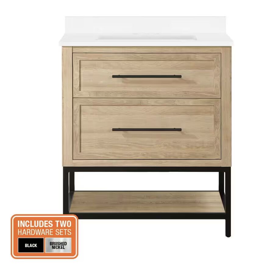 Home Decorators Collection Corley 30 in. Single Sink Weathered Tan Bath Vanity with White Engineered Stone Top (Assembled)