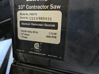 SawStop CNS175 10" Contractor Saw - 1.75HP Table Saw with Blade Guard & Stand