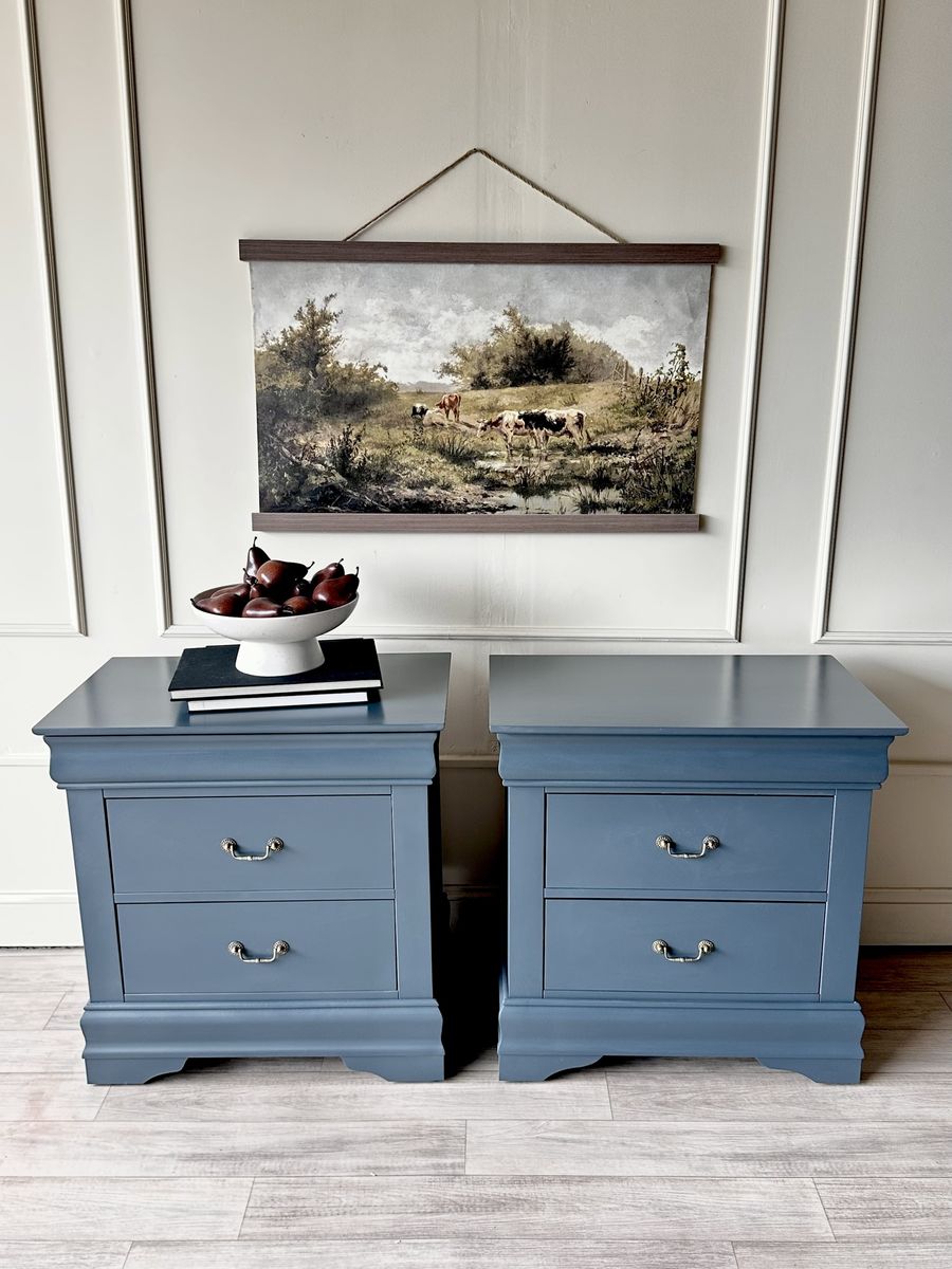 Slate Blue Solid Wood Nightstands w/ Hidden Velvet