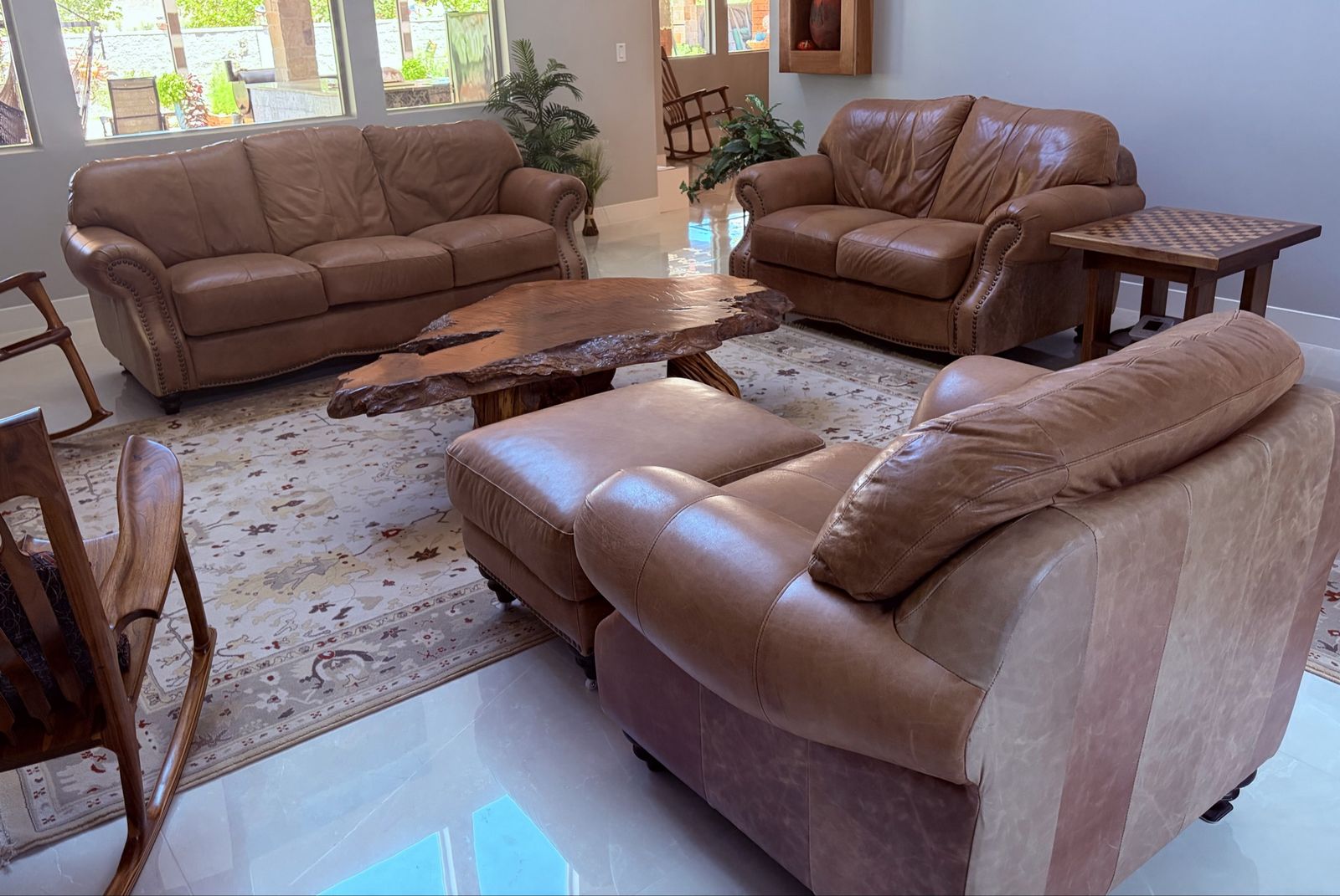 4 piece Genuine Leather Sofa, Loveseat, chair and Ottoman Set - Nailhead Trim, Light Brown