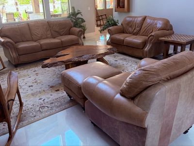 4 piece Genuine Leather Sofa, Loveseat, chair and Ottoman Set - Nailhead Trim, Light Brown