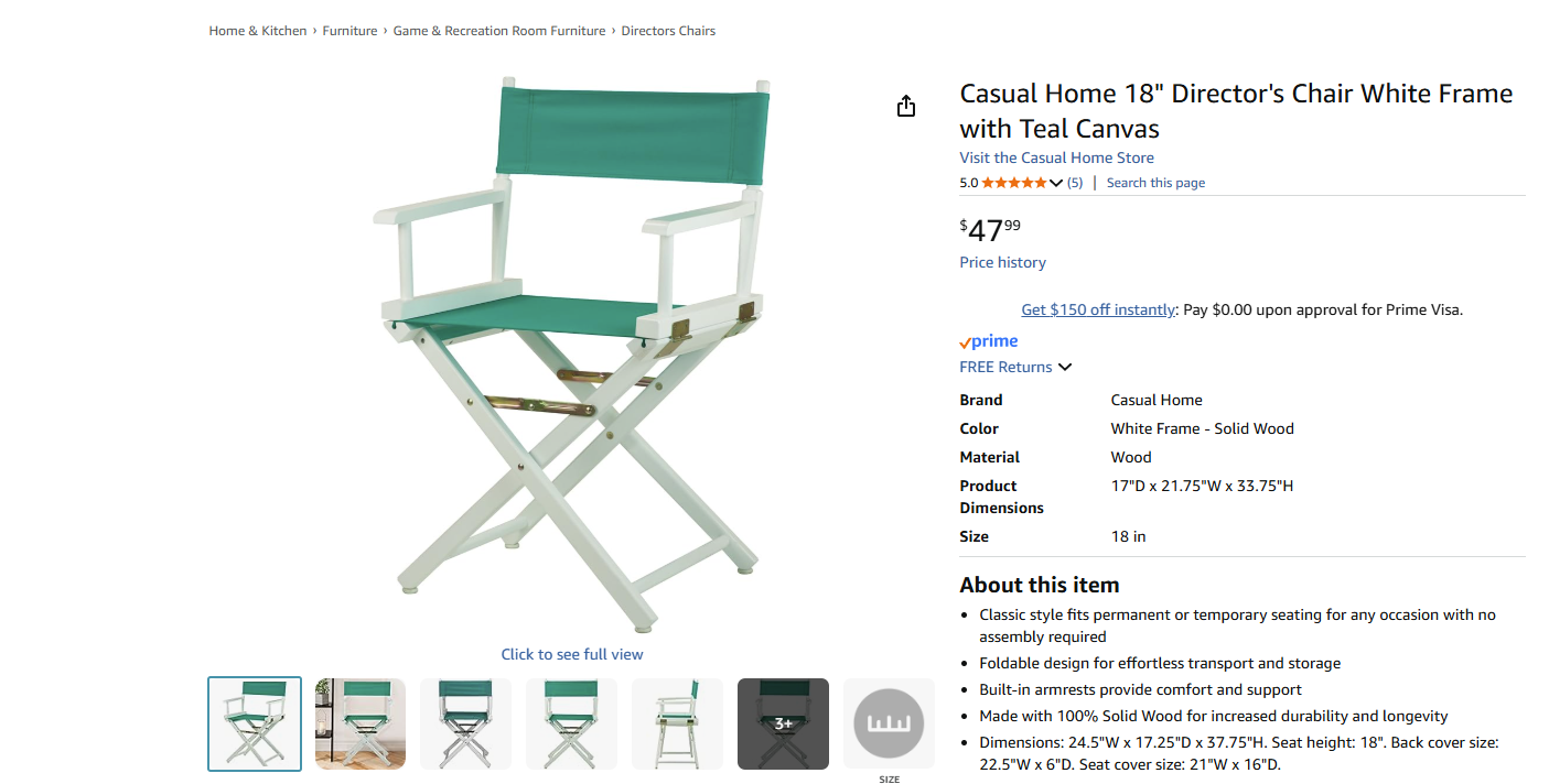 NEW Casual Home 18" Director's Chair White Frame with Teal Canvas