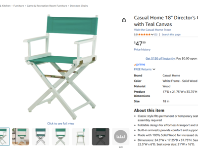 NEW Casual Home 18" Director's Chair White Frame with Teal Canvas