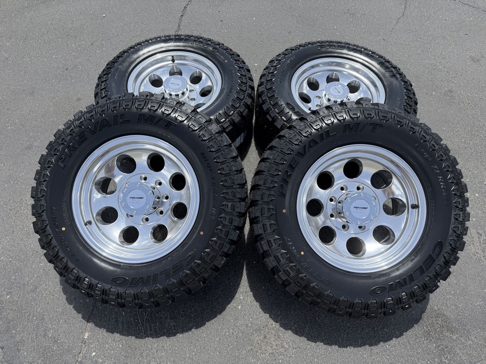 New LT285/70r17 Celimo MT Pro Comp Polished Alloy MOD 8x6.5 Dodge Ram Cummins Ford OBS F250 F350 Chevy Silverado 2500 3500 GMC