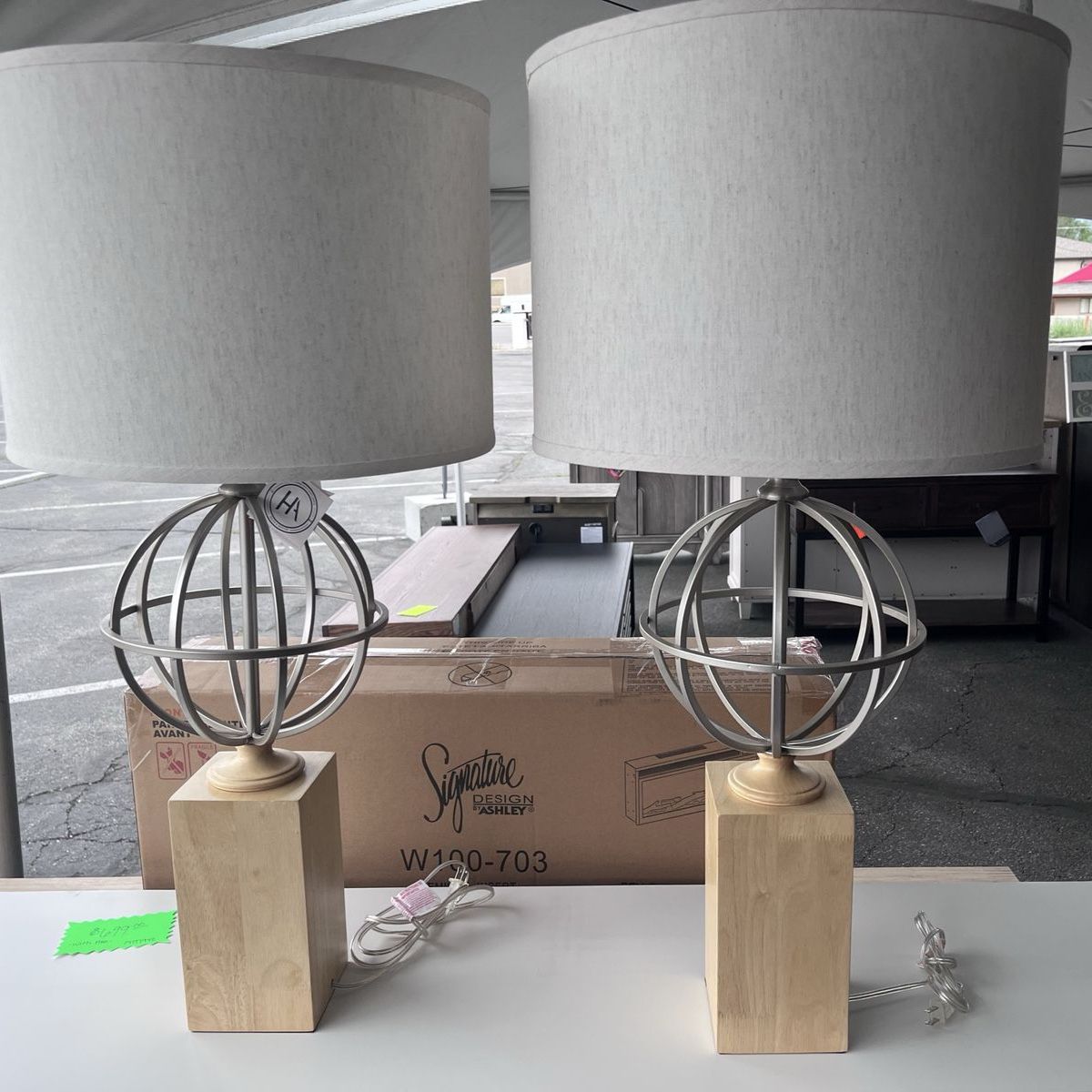 Signature Design by Ashley Modern Farmhouse Table Lamps, Set of 2, Wood Base, Orb Accent, Gray Shades