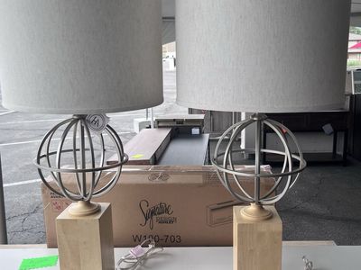 Signature Design by Ashley Modern Farmhouse Table Lamps, Set of 2, Wood Base, Orb Accent, Gray Shades