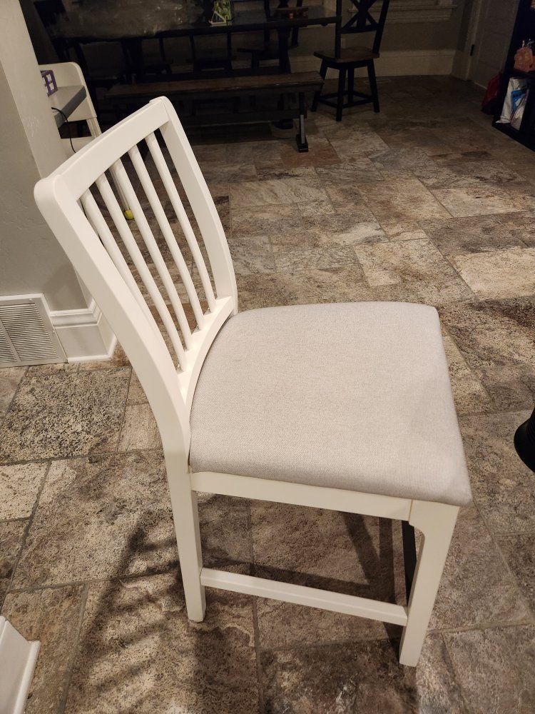 White Wood Counter Height Chair with Light Gray Upholstered Seat - Great Condition