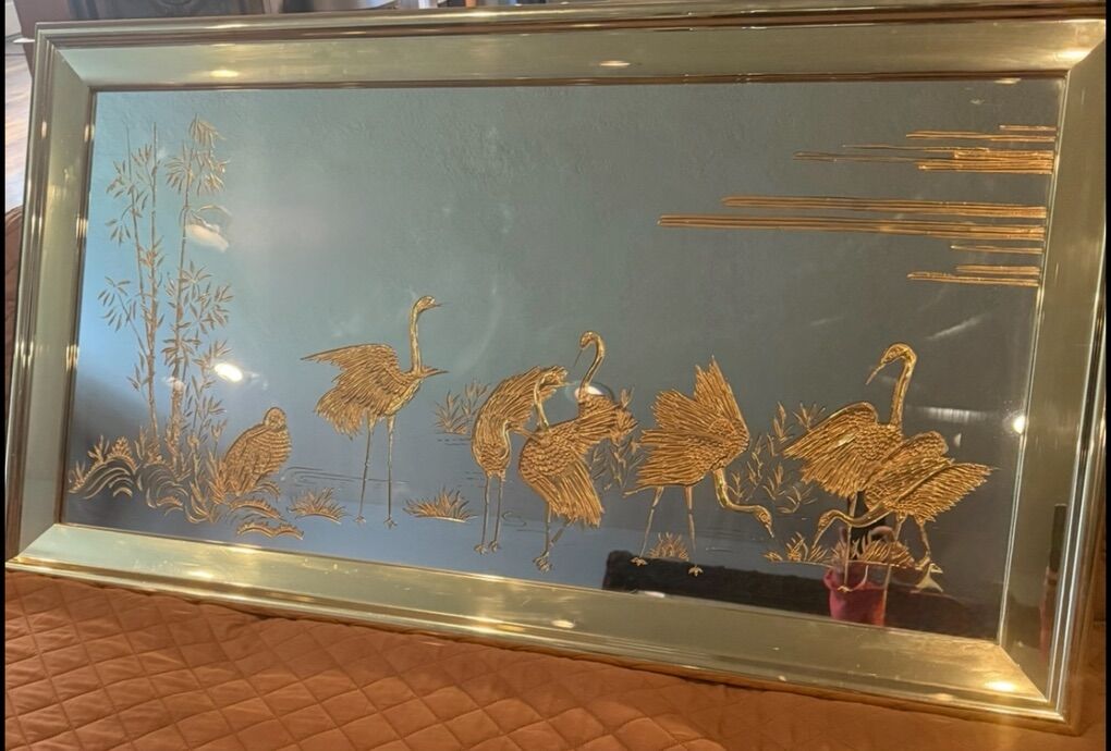 Hollywood Regency Wall Mirror w Etched Gold Birds