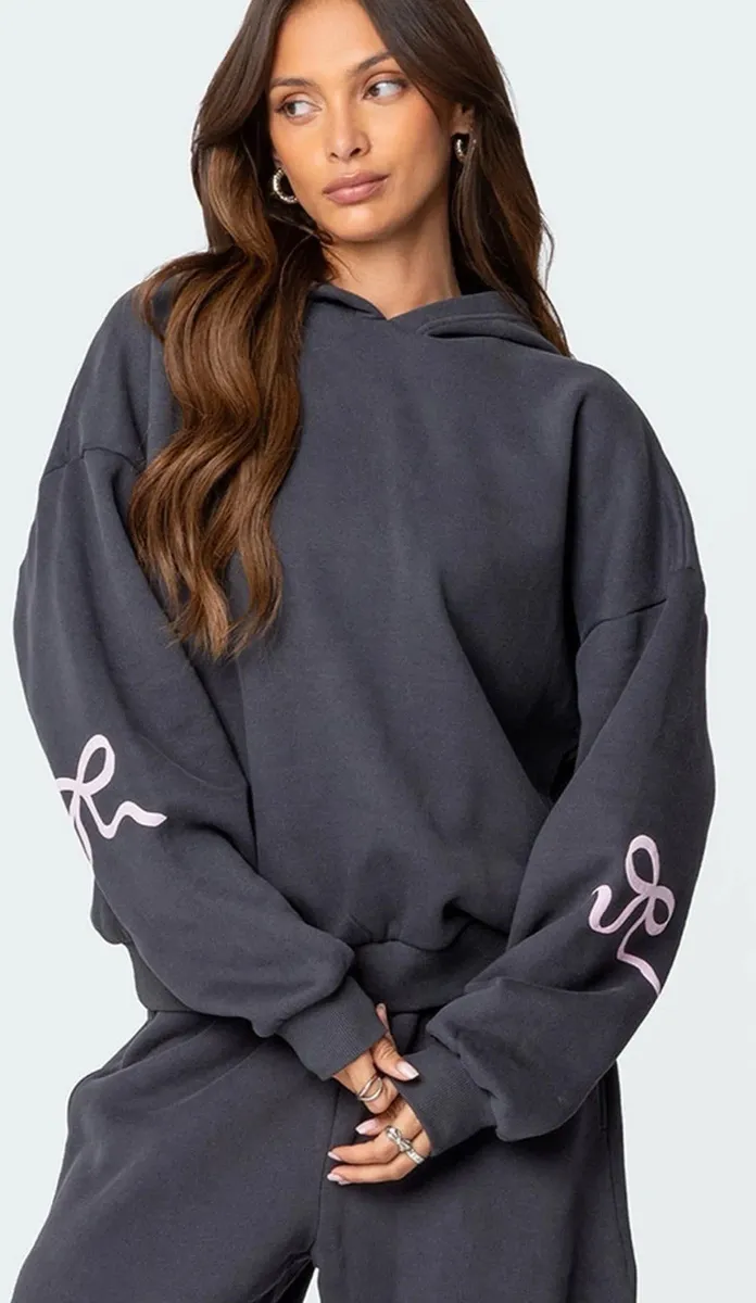 Edikted Bonney Bow Detail Hoodie Women's/Girls Pac Sun Top Dark Gray Sweatshirt-Pink Puff Bow Sweater Size Small