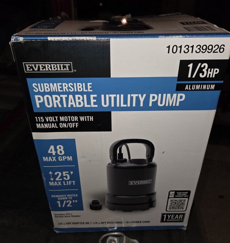 Everbilt Submersible Portable Utility Pump, Sump Pump, Water Pump, floods basements, yard, pond
