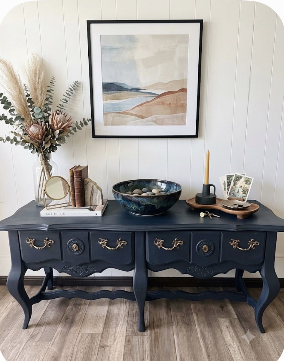 Delivery possibly available !Navy Blue French Provincial Console Table with Ornate Brass Pulls - 5 Drawer Entryway Accent