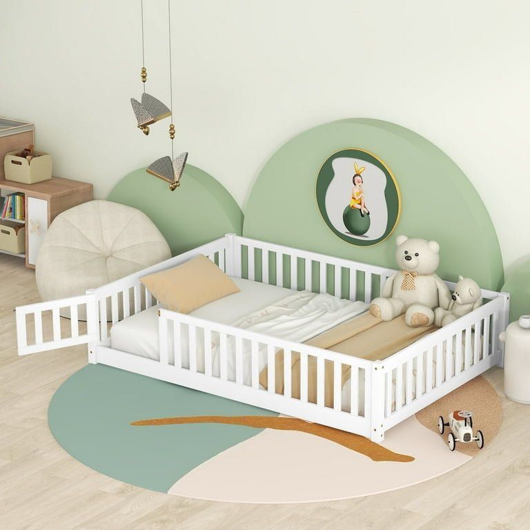 Bellemave Full Size Floor Beds with Door, Wood Montessori Bed with Fence Railings & Support Slats, No Box Spring Needed (White)