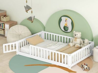 Bellemave Full Size Floor Beds with Door, Wood Montessori Bed with Fence Railings & Support Slats, No Box Spring Needed (White)