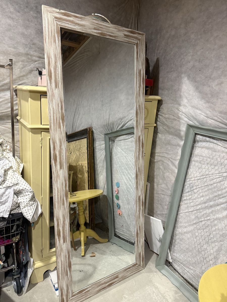 Tall Mirror With Whitewash Wooden Trim