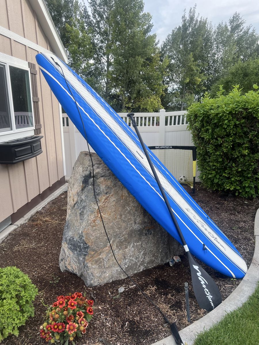 Wavestorm Soft Top Stand Up Paddle Board SUP with Paddle and Ankle Leash Blue White Striped