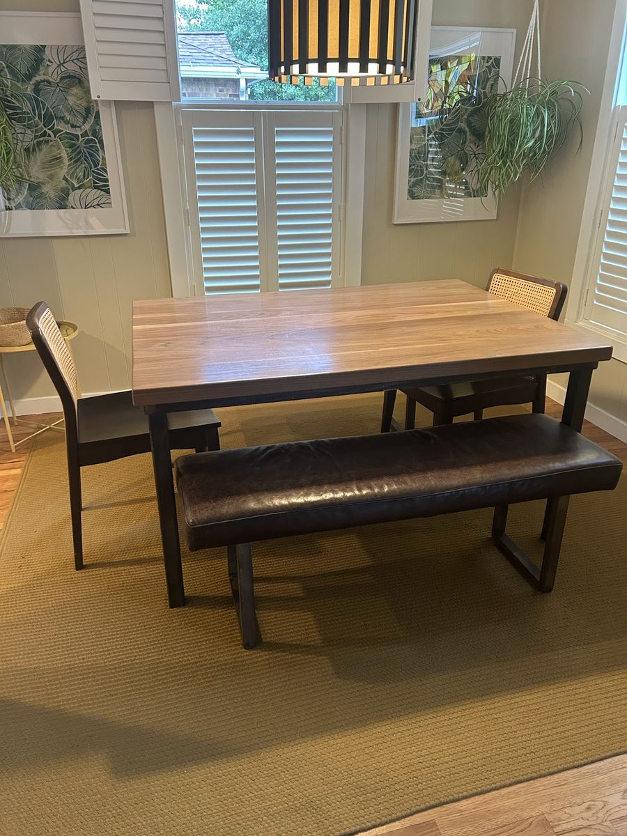 Solid walnut dining table, 2 chairs, 2 benches