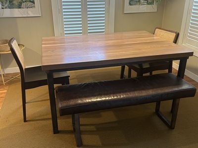 Solid walnut dining table, 2 chairs, 2 benches