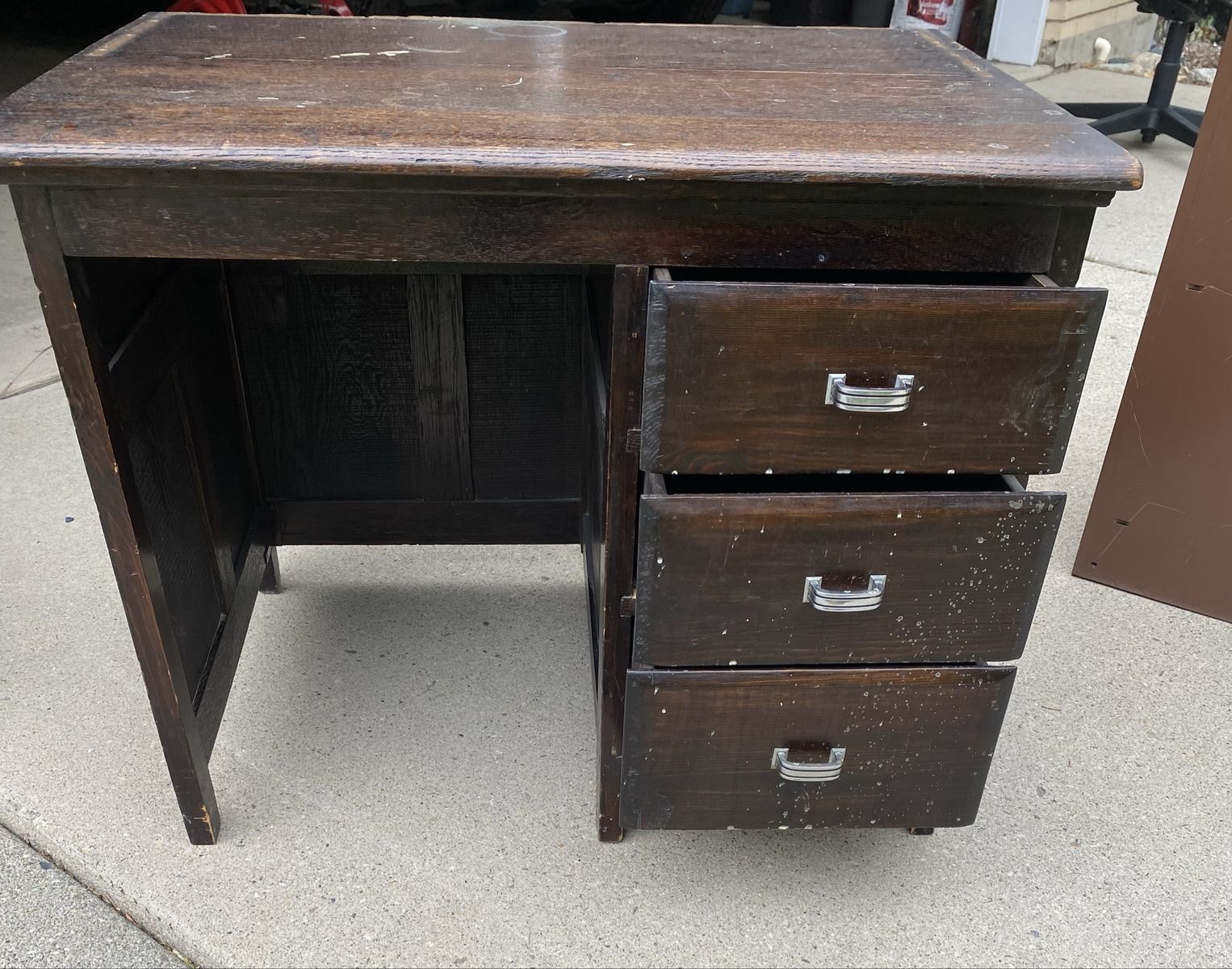Small Children’s Size Vintage Solid Wood Desk with 3 Drawers - Dark Finish, Great Restoration Project